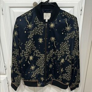 Silence + Noise Black and Gold Bomber Jacket with Celestial Design